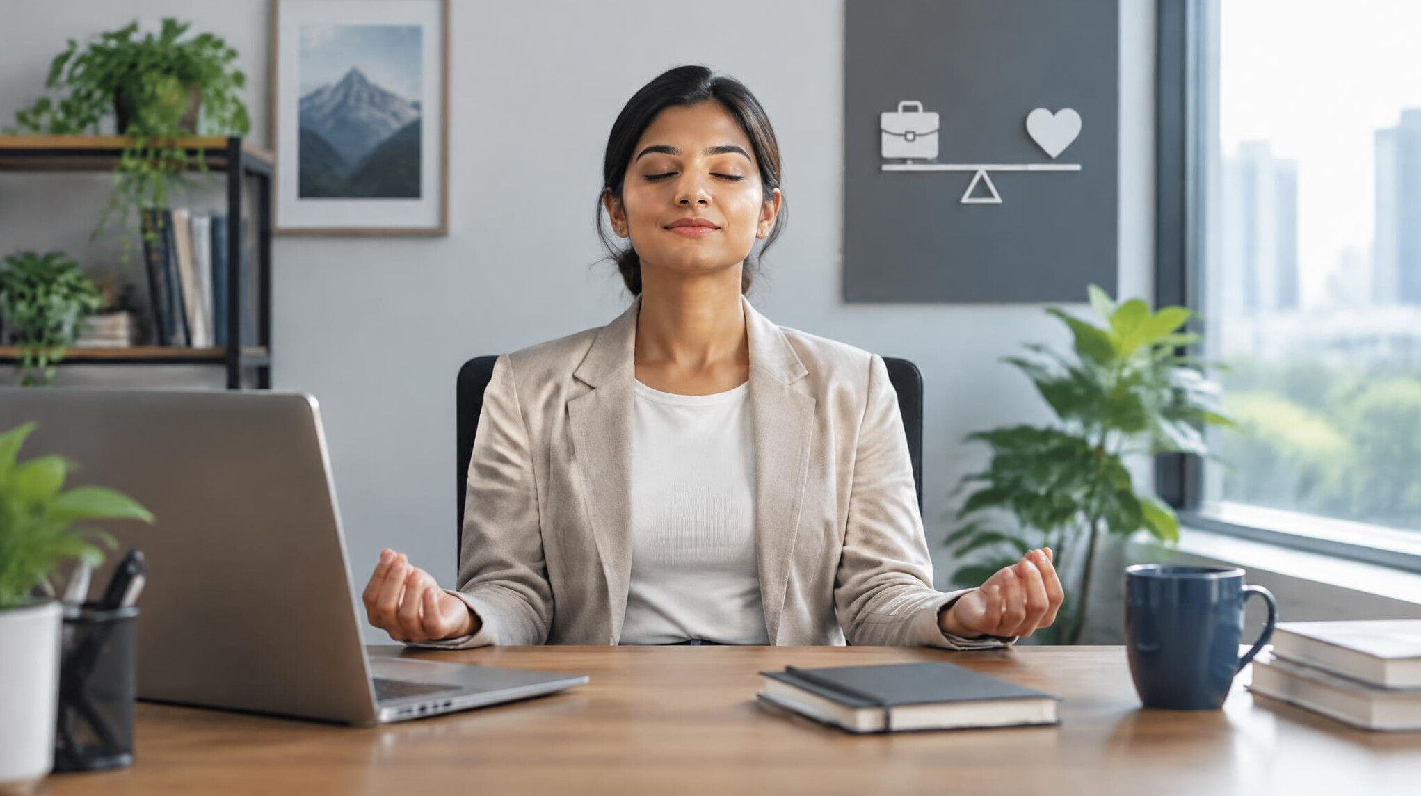 person meditating in office